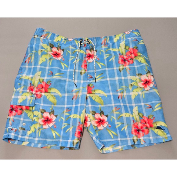 Tommy Bahama Other - Tommy Bahama Relax Swim Trunks Mens XXL Blue Floral Plaid Cargo Pocket Hibiscus